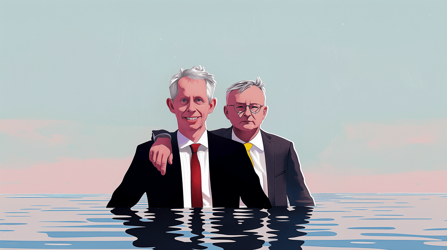 An illustration of Anthony Albanese with his arm around the shoulder of Minister Andrew Giles supportively, though they are both waist deep in water.