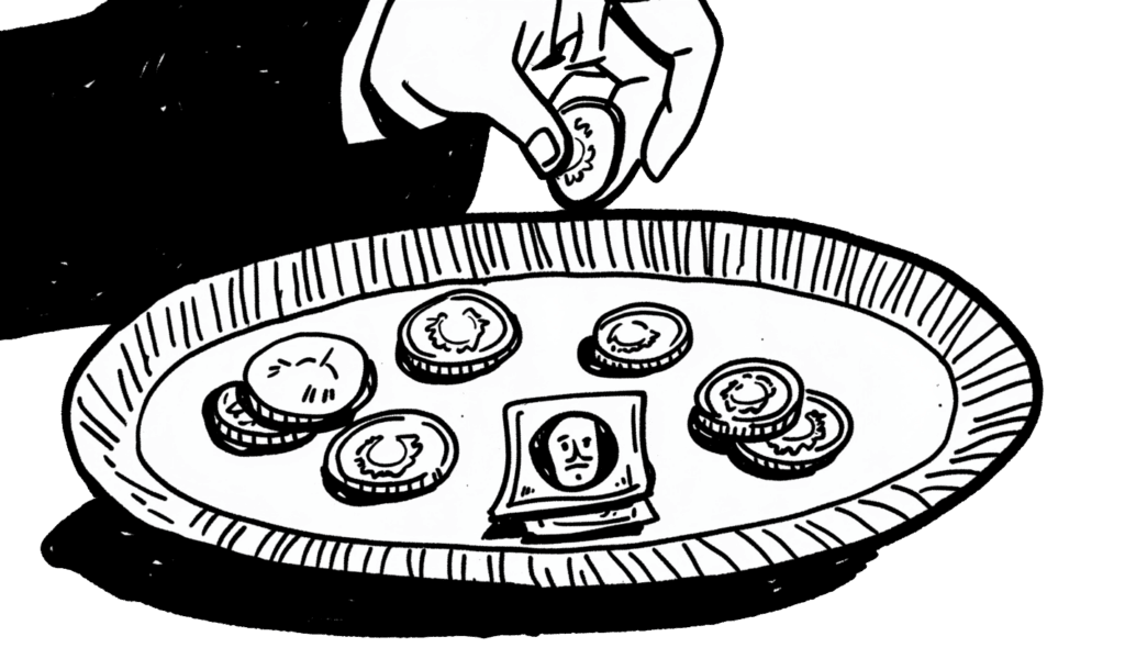 A drawing of a donation plate with some coins and bank notes inside it. A hand is placing a coin inside it from the top of the image.