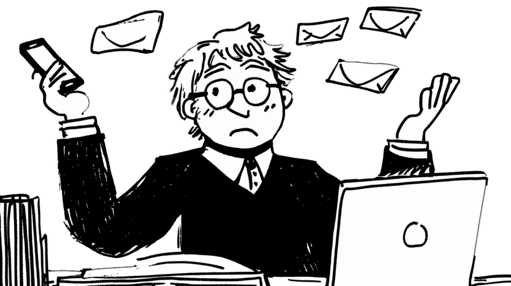 Cartoon of man exasperated by emails, on his laptop and his phone, flying through the air around him