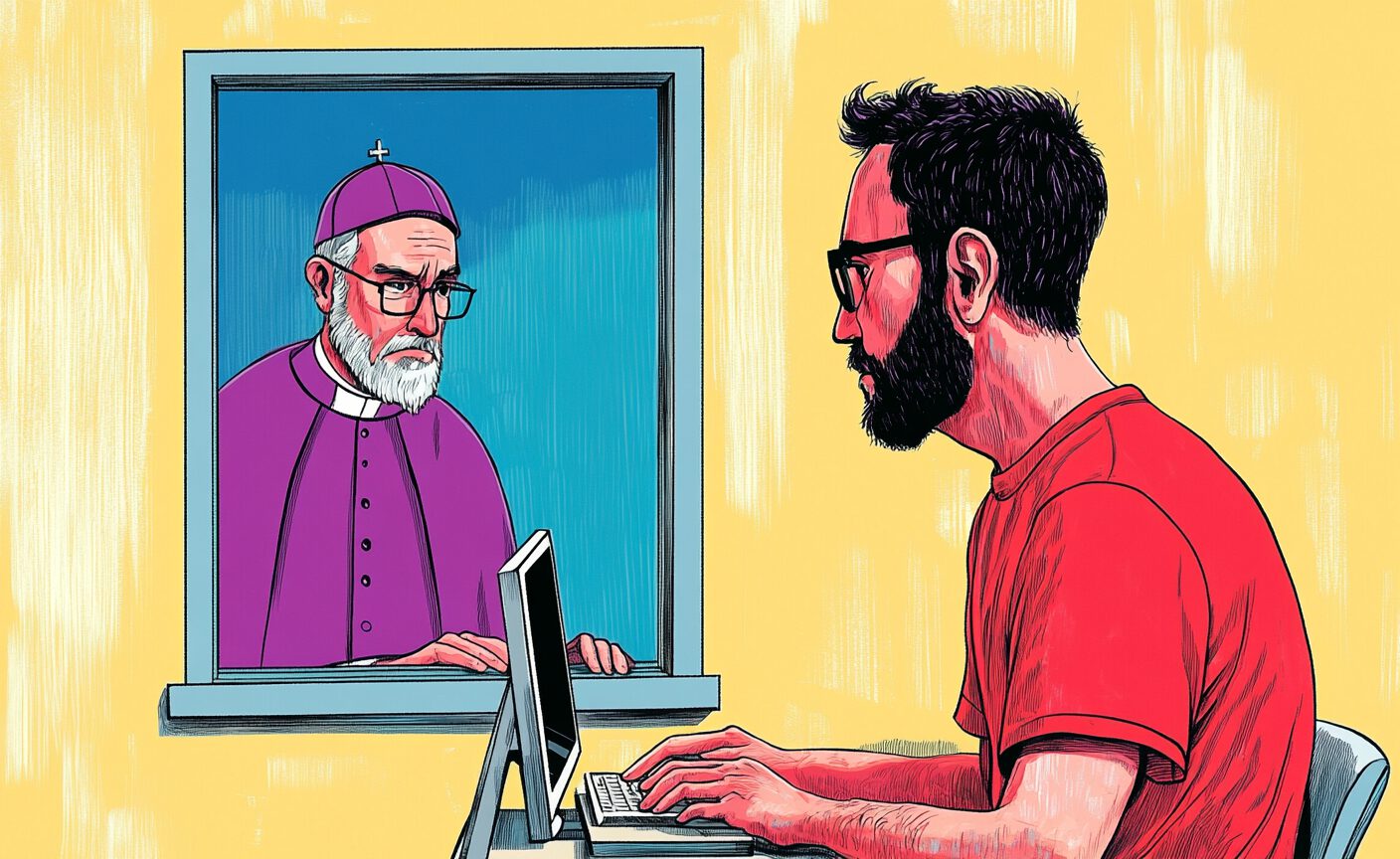 A man uses the computer while a priest looks through his window at him.
