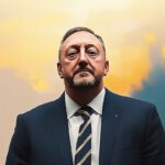 A painted portrait of Jacqui Lambie Network MP for Lyons Andrew Jenner wearing a tie and suit against a yellow, brown and blue background.